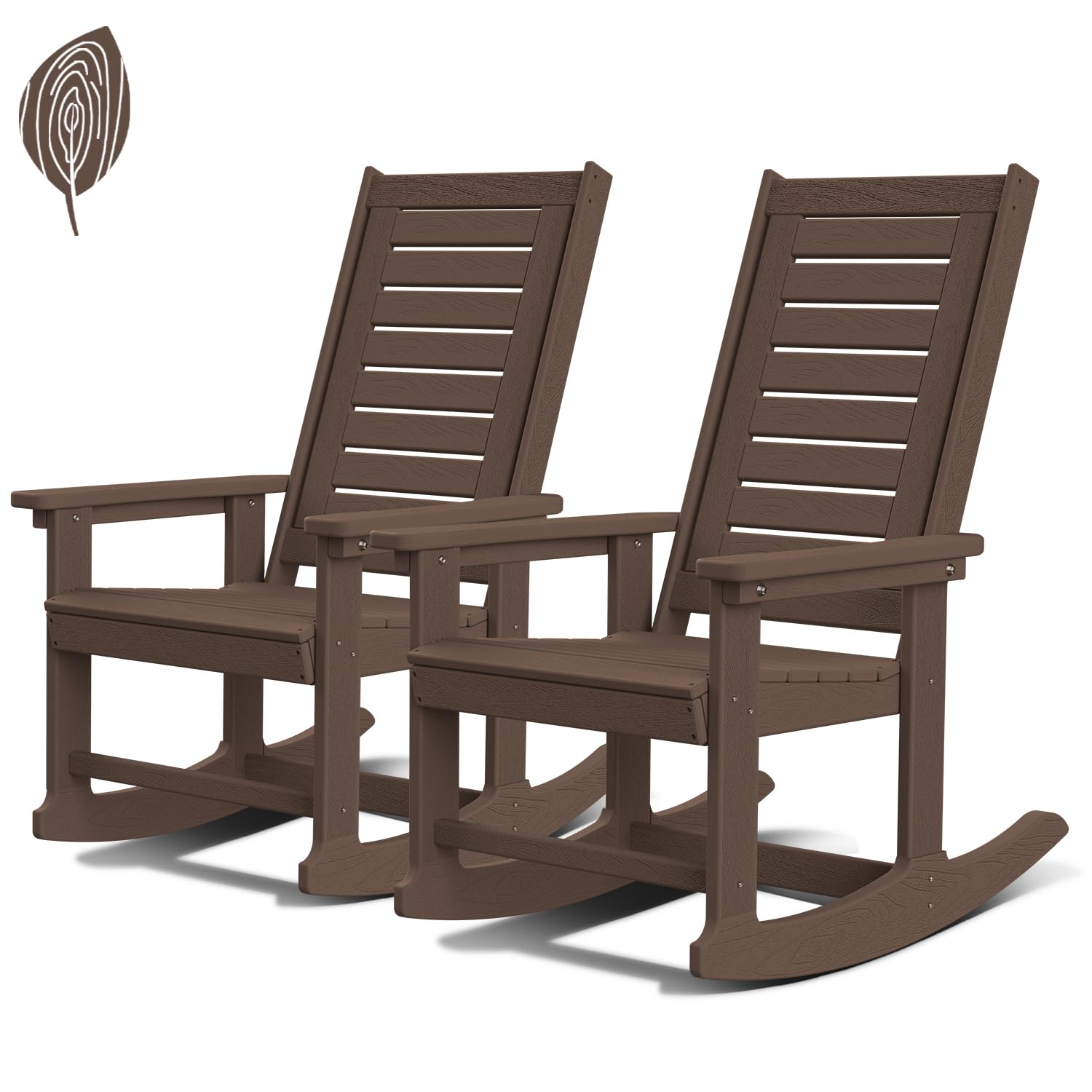 GREENVINES Outdoor Rocking Chairs | Set of 2 | Porch Rocker | HDPE Plastic | Wood Grain | Oversized Rockers | High Back | Big & Tall | Ladder Back | Dark Brown | for Patio Outside Image