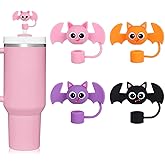 Whaline 4 Pcs Halloween Bat Straw Cover Cap Cute Pink Purple Orange Black Bat Silicone Straws Topper Reusable 10 Mm 0.4 In Straw Lid Protector for 30/40 Oz Tumbler Cup Accessories