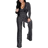 JTNFairy Sexy Sequin Jumpsuits for Women Plus Size Elegant Clubwear Sparkly High Waisted Wide Leg Pant Disco Outfits