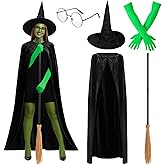 Mepase 5 Pcs Halloween Green Witch Costume Accessories Include Black Cloak Cape Witch Hat Glasses and Broom Gloves for Women Adult Halloween Movie Cosplay Props Role Playing Party Outfits Props