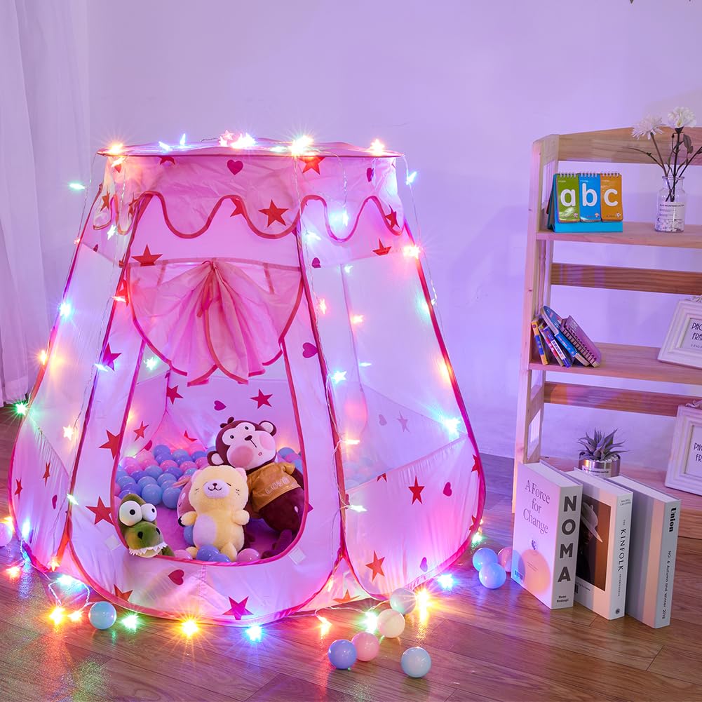 TTLOJ Gift for Christmas Baby Kids Play Tents with Star Lights for Girls Boys, Princess Castle Toy Tent, Playhouse for Toddler Play House, Teepee Tent Indoor Outdoor Ball Pit (Balls not Included