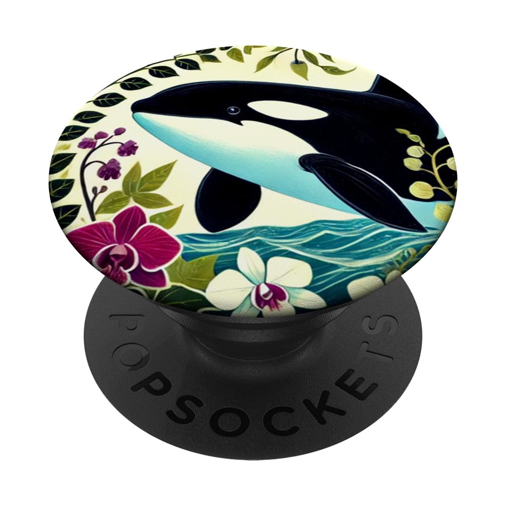 Orca Whale Illustration Beautiful floral PopSockets Swappable PopGrip