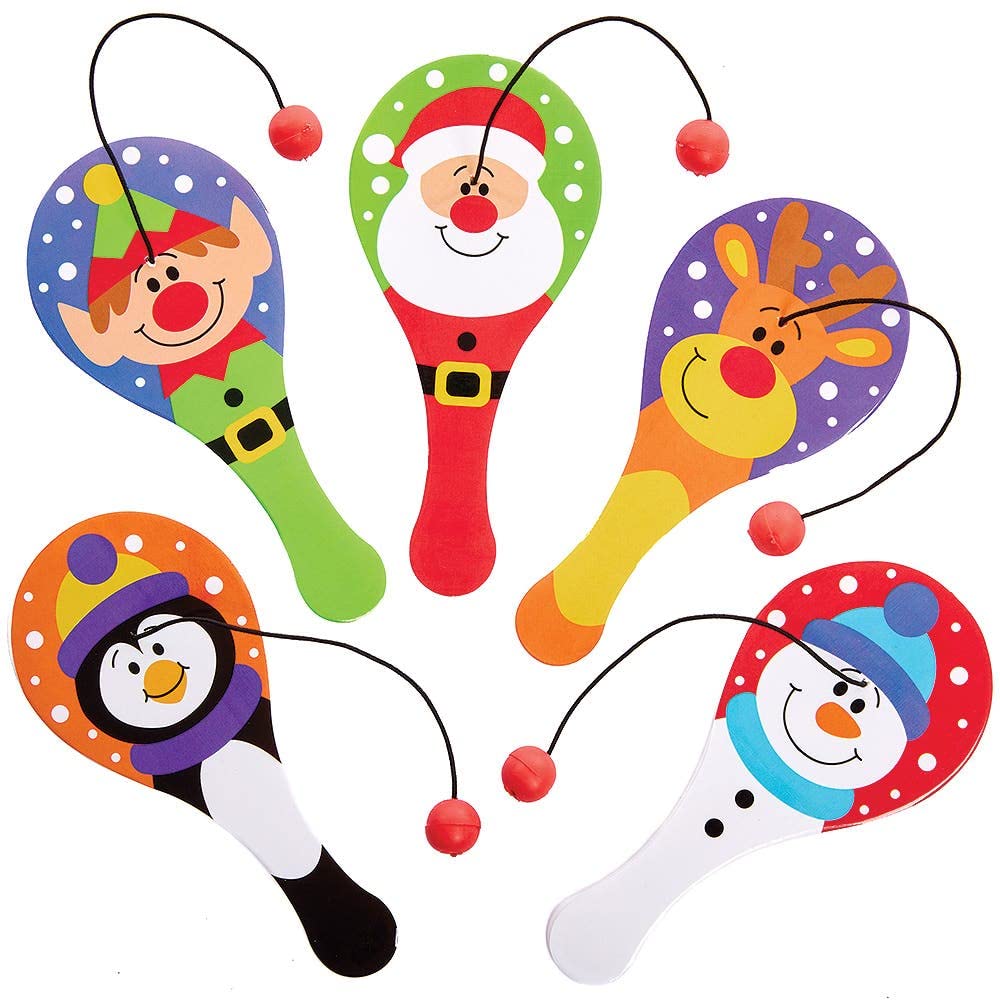 Baker Ross FX396 Christmas Chums Mini Biff Bats - Pack of 10, Xmas Ball on a String for Kids, Kids Toys for Party Bags, Paddle Ball Toy
