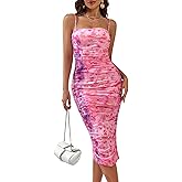 Parthea Women's Spaghetti Strap Sexy Dresses Ruched Bodycon Dress Floral Elastic Side Split Midi Dresses