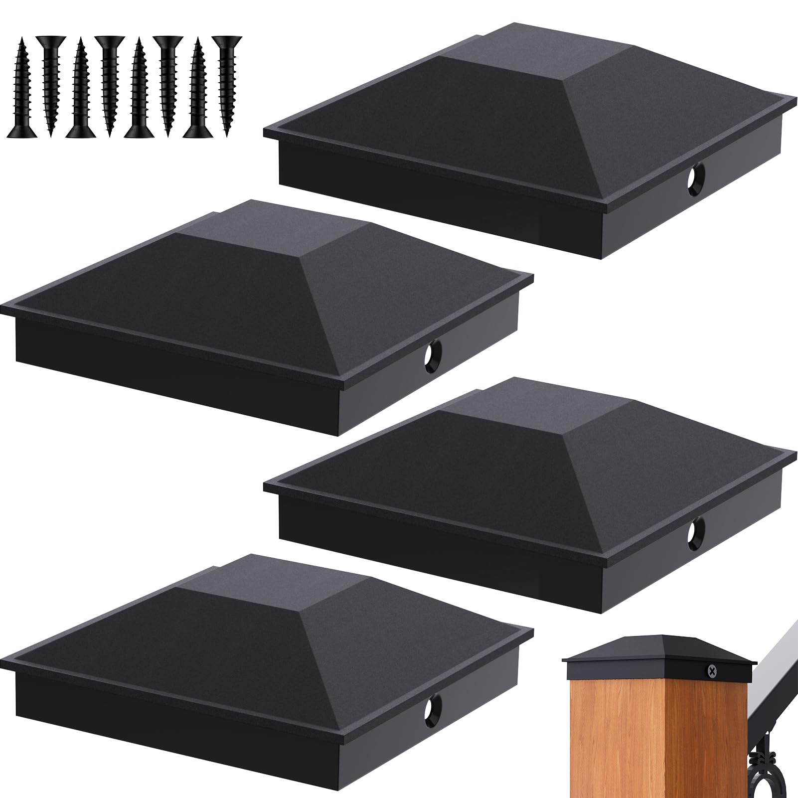 Photo 1 of Goovilla 6x6 Post Caps Black(Actual 5.5" x 5.5"), 4 Pack Fence Post Caps with 8 Screws and Easy Installation, Sturdy Waterproof Plastic Deck Post Caps with Frosted Finishing Touch, Protect Wood Post