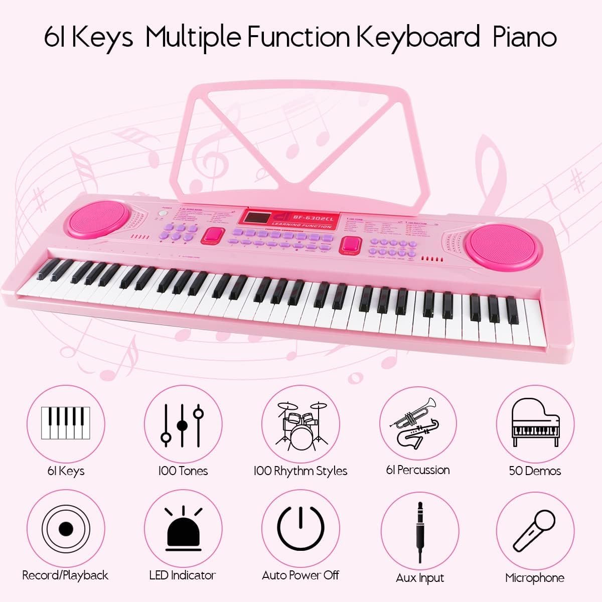 WOSTOO Kids Keyboard Piano, Portable 61 Keys Keyboard Electronic Digital Piano, Early Learning Educational Musical Piano Toy Keyboard for Beginners with Music Stand, Microphone (Pink) ?