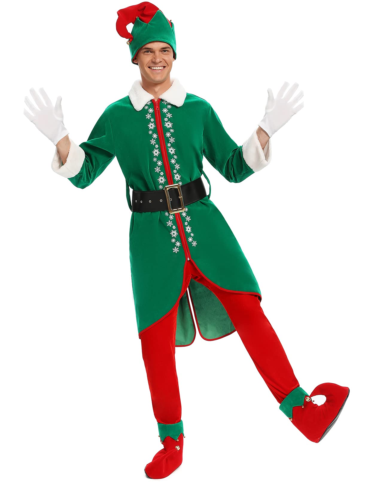 Photo 1 of HITASION Men’s Christmas Elf Costume Deluxe Santa Suit Adult Costumes Holiday Halloween Cosplay Set of 6 Pcs Coat Hat Pants Belt XL