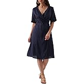 Amazhiyu Women's 100% Linen Summer Wrap Midi Dresses with Pockets Short Sleeve