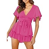 Relipop Women's Floral Rompers Jumpsuits V Neck Short Baggy Sleeve Waist Tie Double Layer Ruffle Hem Romper 2026 Trendy