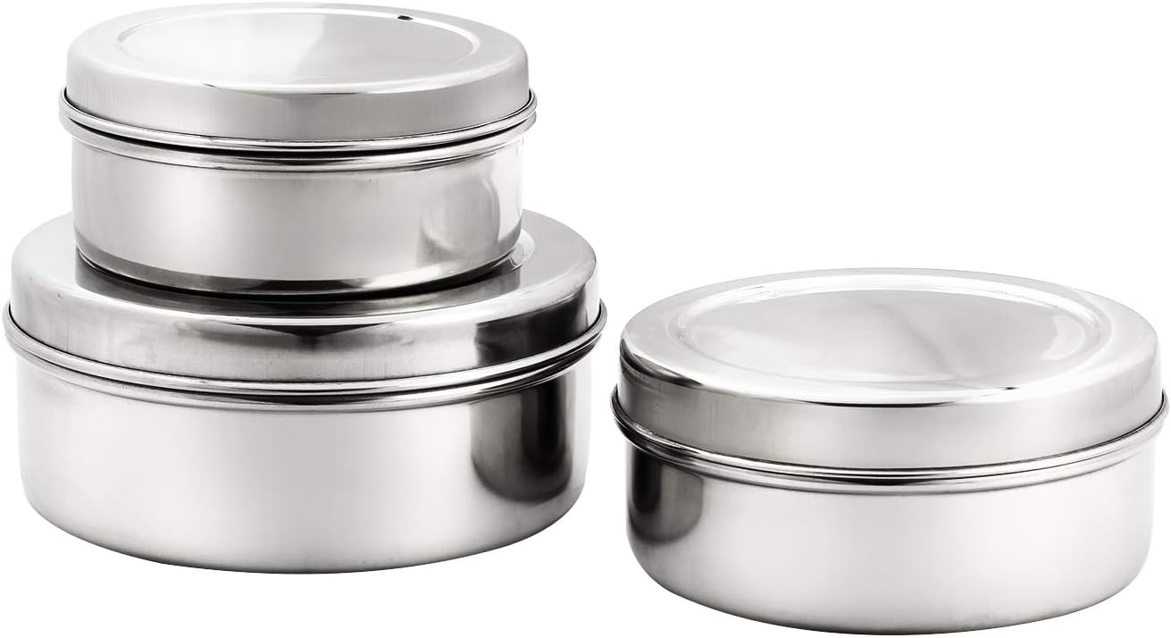 Sharda Metals Set of 3 Stainless Steel Food Storage Containers Box Puri Dabbas Canisters Kitchen Utensils