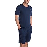 SlumberMee Mens Pajama Set Soft Cooling Viscose Summer Pjs Short Sleeve Sleepwear 2 Piece Crew Neck Loungewear with Pockets