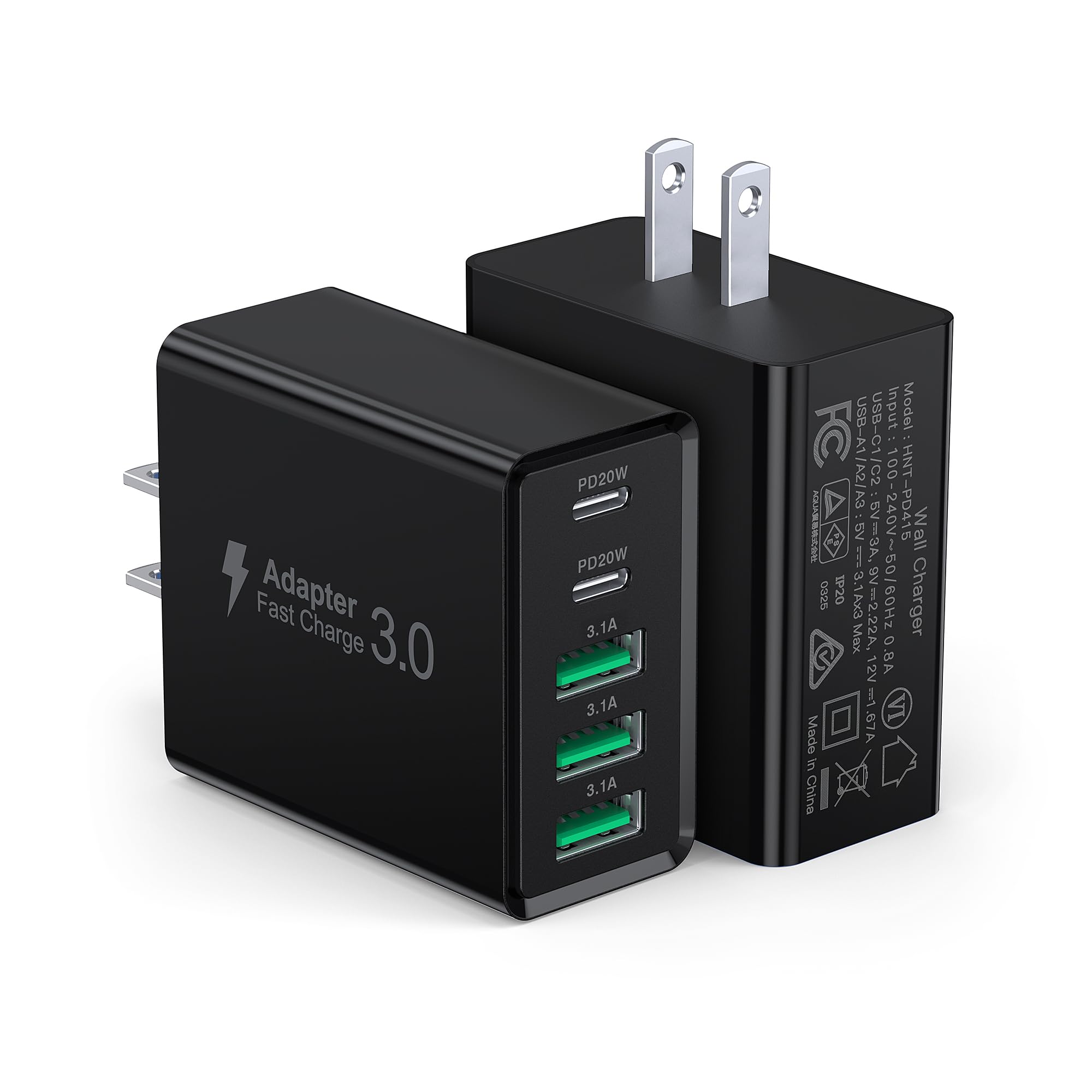 [2-Pack] USB C Wall Charger, 50W USB C Charger Block 5-Port PD Fast Charging Blocks,2USB C+3USB A Multiport Plug,Type C Power Adapter Brick Cube for iPhone 17/16/15/14/13/Pro,Samsung,for Switch（Black）