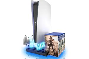 OLYGIVE PS5 Stand with Cooling Fan and PS5 Controller Charger Station, Vertical Stand for PS5 Disc/Digital Edition, Dual Controller Charger and Extra USB Ports, 3 Levels Adjustable Fan Speed, Hold 11 Games