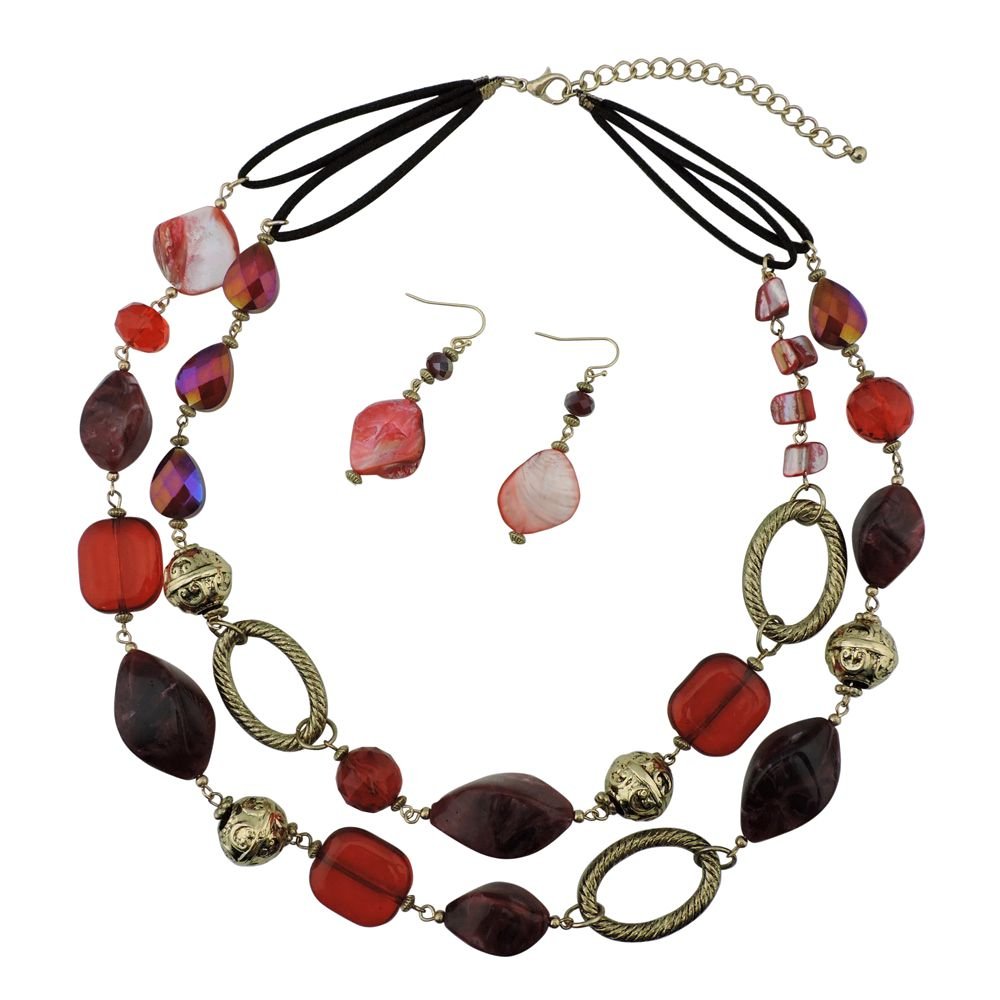 Bocar 2 Strand Statement Choker Shell Necklace and Earring Set for Women Gift (NK-10370-wine)