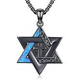 MEDWISE Star of David Cross Necklace, 925 Sterling Silver, Black Gold Plated,Blue Opal Pendant Cross Jewelry 22+2 inch Chain for Men Women Unisex Christmas Gifts