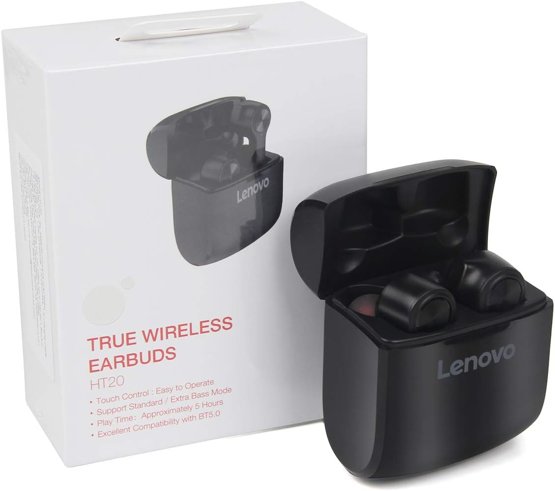 Lenovo HT20 True Wireless Earbuds, Bluetooth 5.0, IPX5 Sweat and Water Resistant, Microphone, In-Ear Earphones, Bass Control, Fast Recharge with Magnetic Charging Case, Black - Image 3