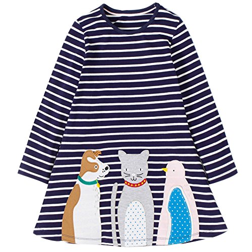 Girls Stripe Long Short Sleeve Party Mini Casual Dresses 3-12 Years (4/5Y, Animal)