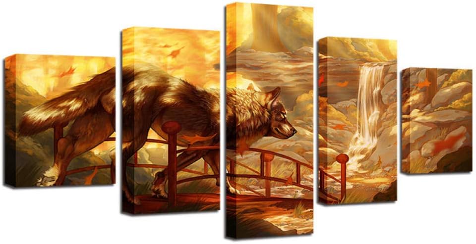 Wieoc Canvas Paintings Canvas Hd Prints Pictures Modular Wall Art Framework 5 Pieces Wolf Abstract Paintings Anime Poster Home Decor Prints On Canvas 200X100Cm