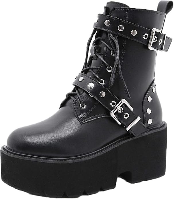 Stivaletti Donna Piattaforma Zeppa Con Fibbia Pipistrello - Stile Punk Gotico, Personalizzabili Con Decorazioni, Cerniera E Lacci, Colore Nero