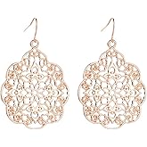 Filigree Hollow Out Geometric Earrings Gold Silver Plated Bohemian Vintage Metallic Cutout Metal Flower Ploral Large Dangle Drop Earrings for Women Boho Style Prom Party Birthday Wedding Jewelry Gifts
