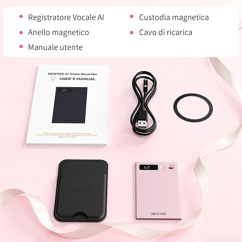 Registratore Vocale AI con app dedicata,trascrivi e riepiloga,Durata della batteria di 35 ore,memoria da 64 GB per riunioni,lezioni,chiamate,affari, lezioni (rosa)