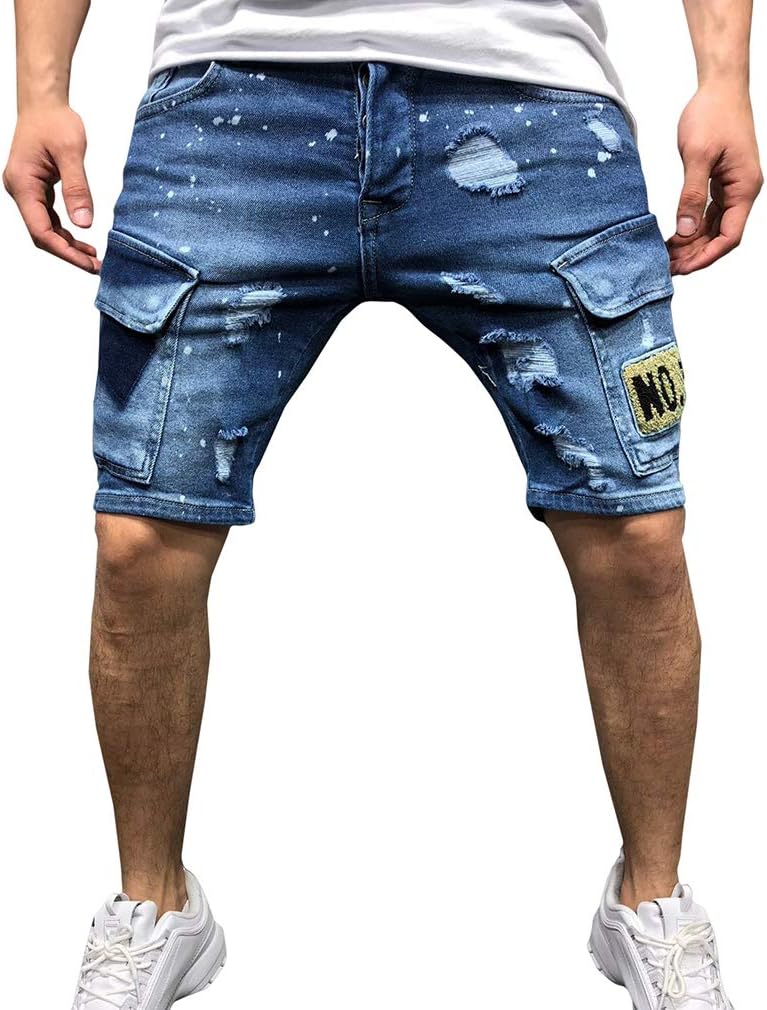Fengduo Mens Skinny Jeans Destroyed Ripped Denim Shorts Casual Straight Leg Pants Multi-Pocket Cargo Pants Patchwork Print Broken Holes Shorts Side Ribbon Jeans