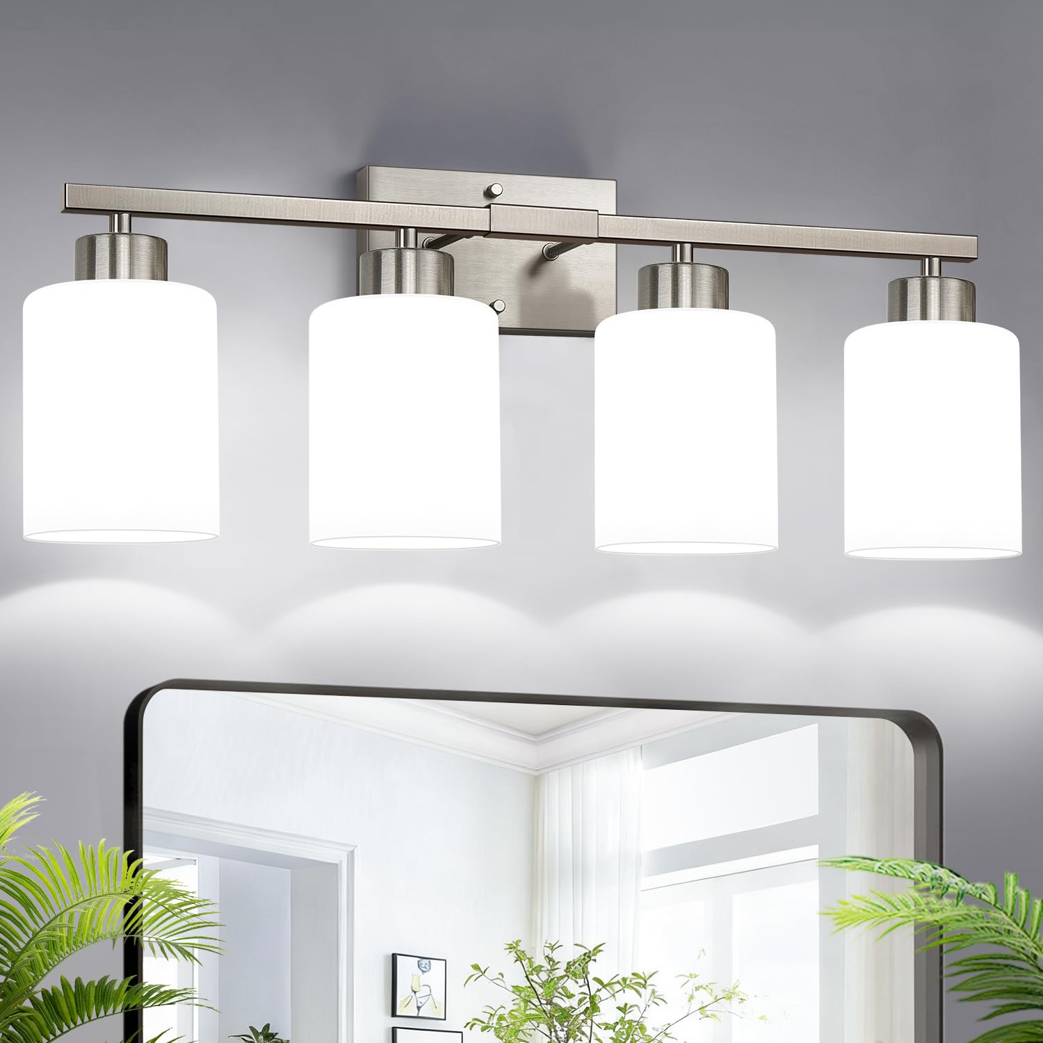 Photo 1 of ***PEICES BROKEN SEE PICTURES***
Brushed Nickel Bathroom Light Fixtures with Milk Glass Shades, Eye-Friendly 4 Light Vanity Lights for Bathroom, Vanity Lights with E26 Socket (Bulbs Not Included), for Mirror, Bedroom, Hallway