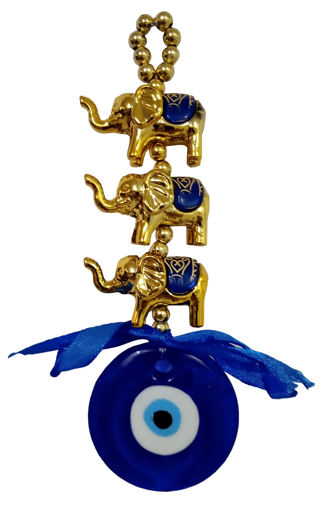Purpledip Ceramic Evil Eye Wall Car Hanging With Three Elephants: Vastu Feng Shui Good Luck Decorative Charm (11015B)