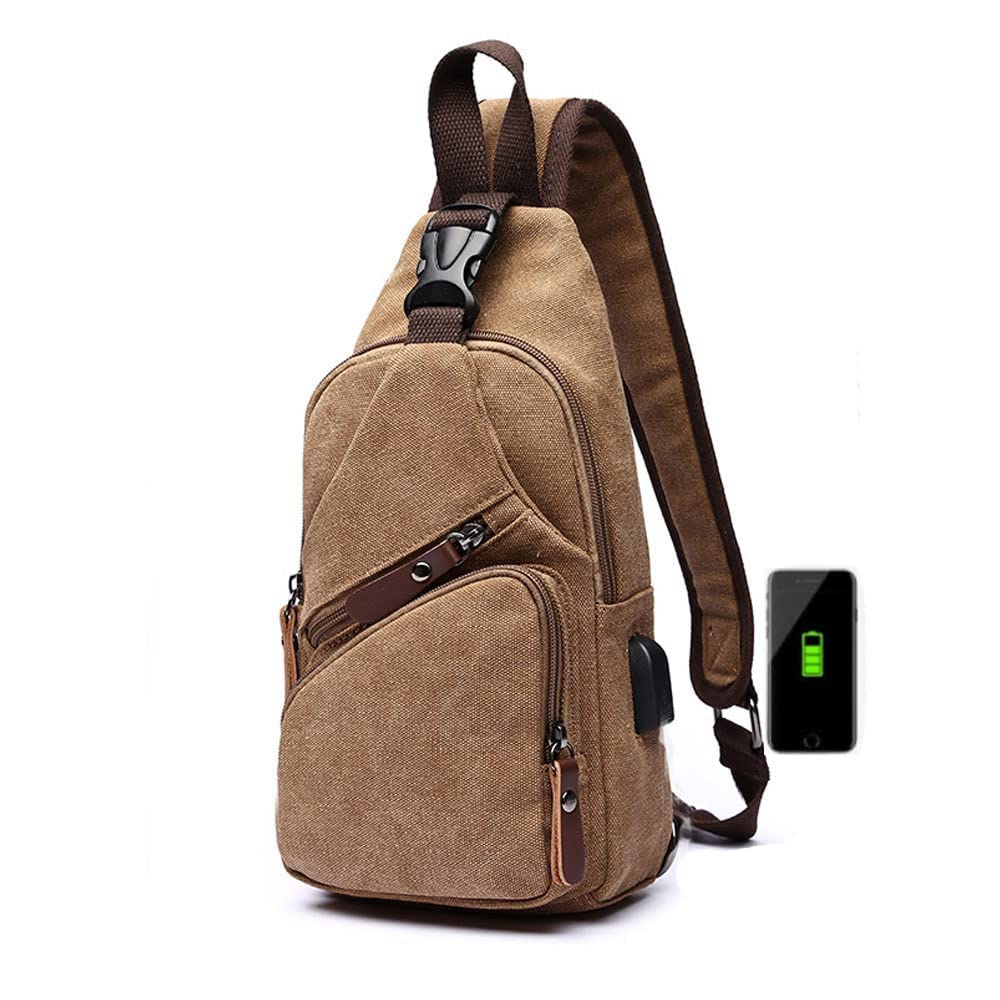 Anti-Theft Sling Chest Bag with USB Charging Men's Waterproof Canvas Travel Shoulder Bag CrossbodyTravel Hiking Camping Cycling Purse Backpack (Coffee)