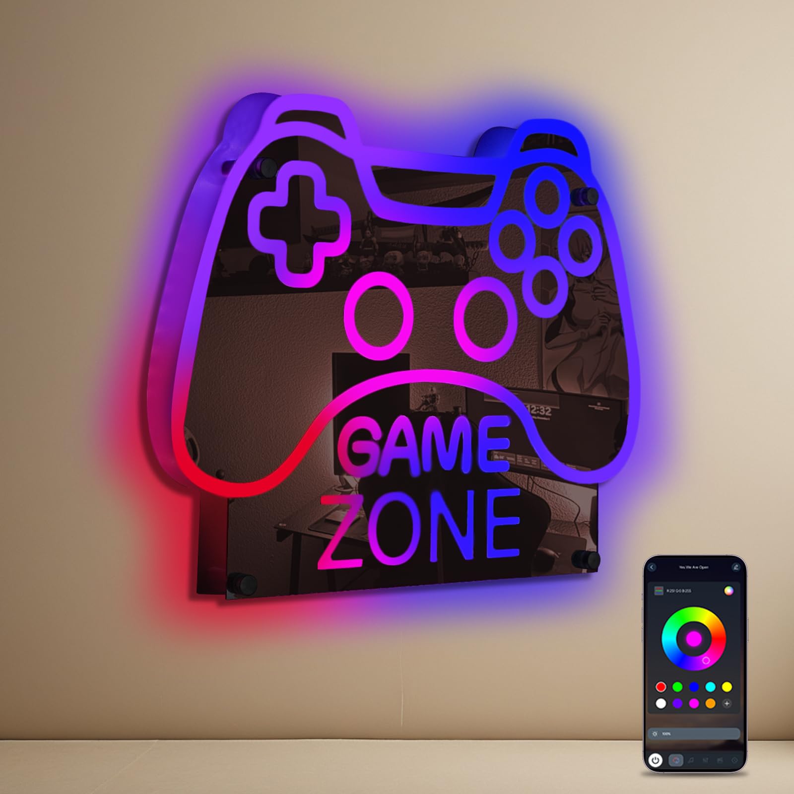Photo 1 of ineonlife Game Zone Controller Neon Sign Mirrored Colorful LED Lights for Gaming Room Decor Light Up Signs for Teen Boy Bedroom Decoration Best Gift for Kids 11.42 x 14.17 inches USB Powerd