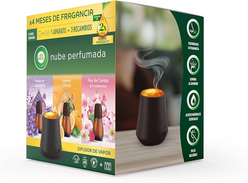 Essential Mist, Pack de ambientador difusor de aceites esenciales con aroma 3 aromas: explosión cítrica, campos de lavanda y flor de cerezo, infusionados con 2 veces más aceites esenciales