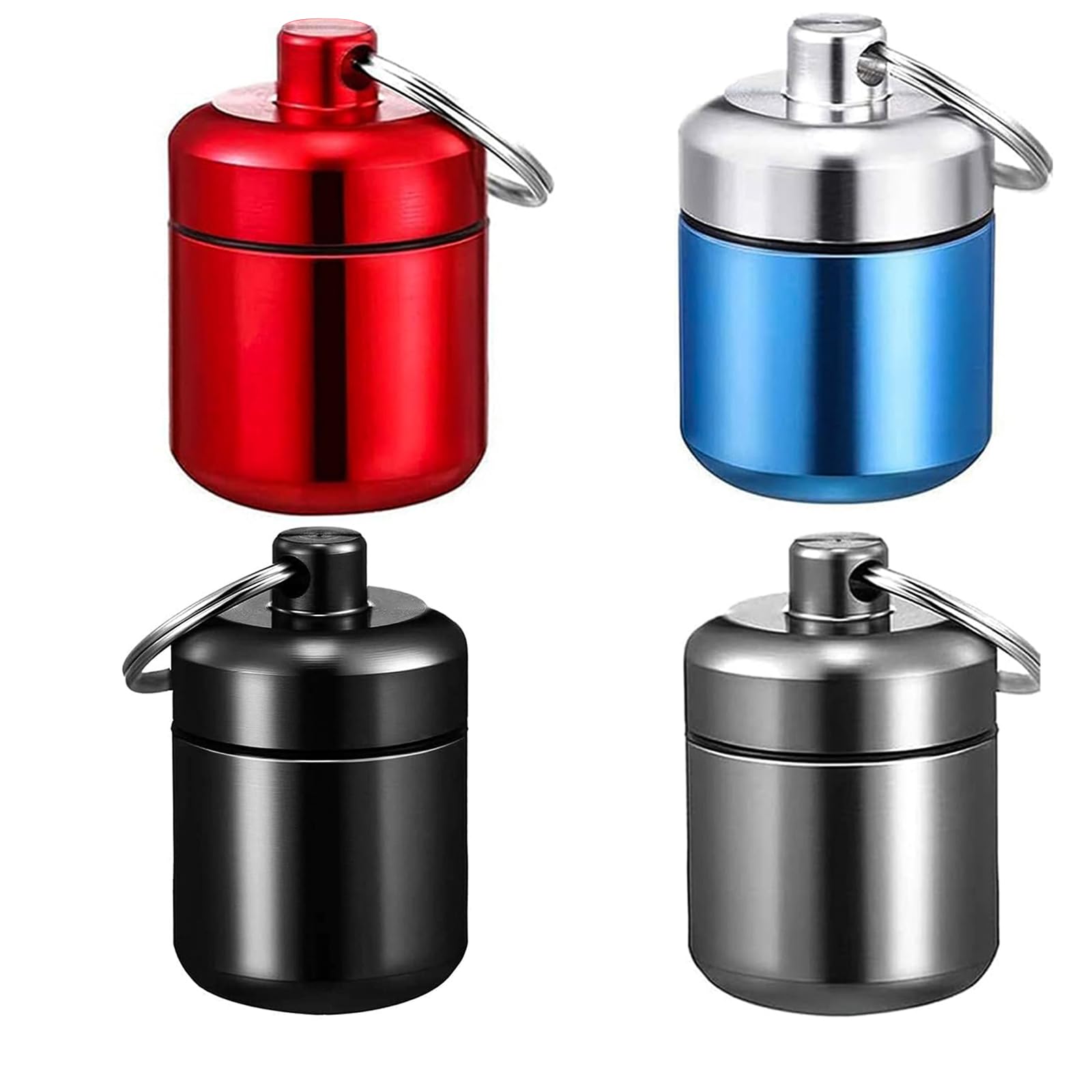 DRERIO 4 pcs Small Pill Boxes Organiser Metal Pill Boxes Travel Pocket Pill Case Round Keyring Pill Holder Waterproof Capsules Portable Pill Container for Outdoor Travel