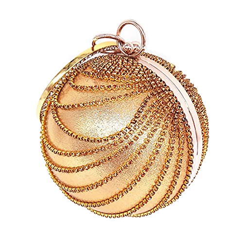 Woman Round Ball Clutch Handbag Rhinestone Ring Handle Purse Evening Bag (Gold)