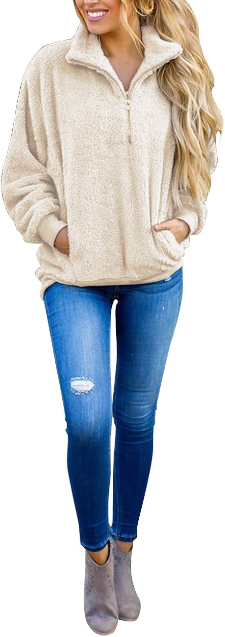 MEROKEETY Women's Long Sleeve Contrast Color Zipper Sherpa Pile Pullover Tops Fleece with Pocket at  Women’s Clothing store