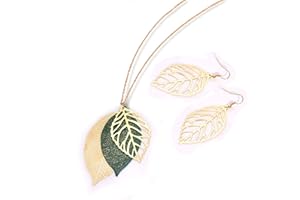 NVENF Leaf Earrings and Long Necklaces Set for Women Boho Gold-tone Multi Tiered Leaves Delicate Chain Dangle Necklace SimpleLeaf Statement Dangling Earrings