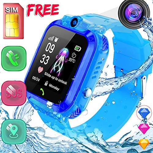 1.44" Kids Smart Watch Phone-[Free SIM Card] Waterproof Smartwatch for Girls Boys Kids GPS Watch Outdoor Activity Swim Camp Tracker Call SOS Anti-Lost Voice Chat Camera Children's Watch Birthday Gifts