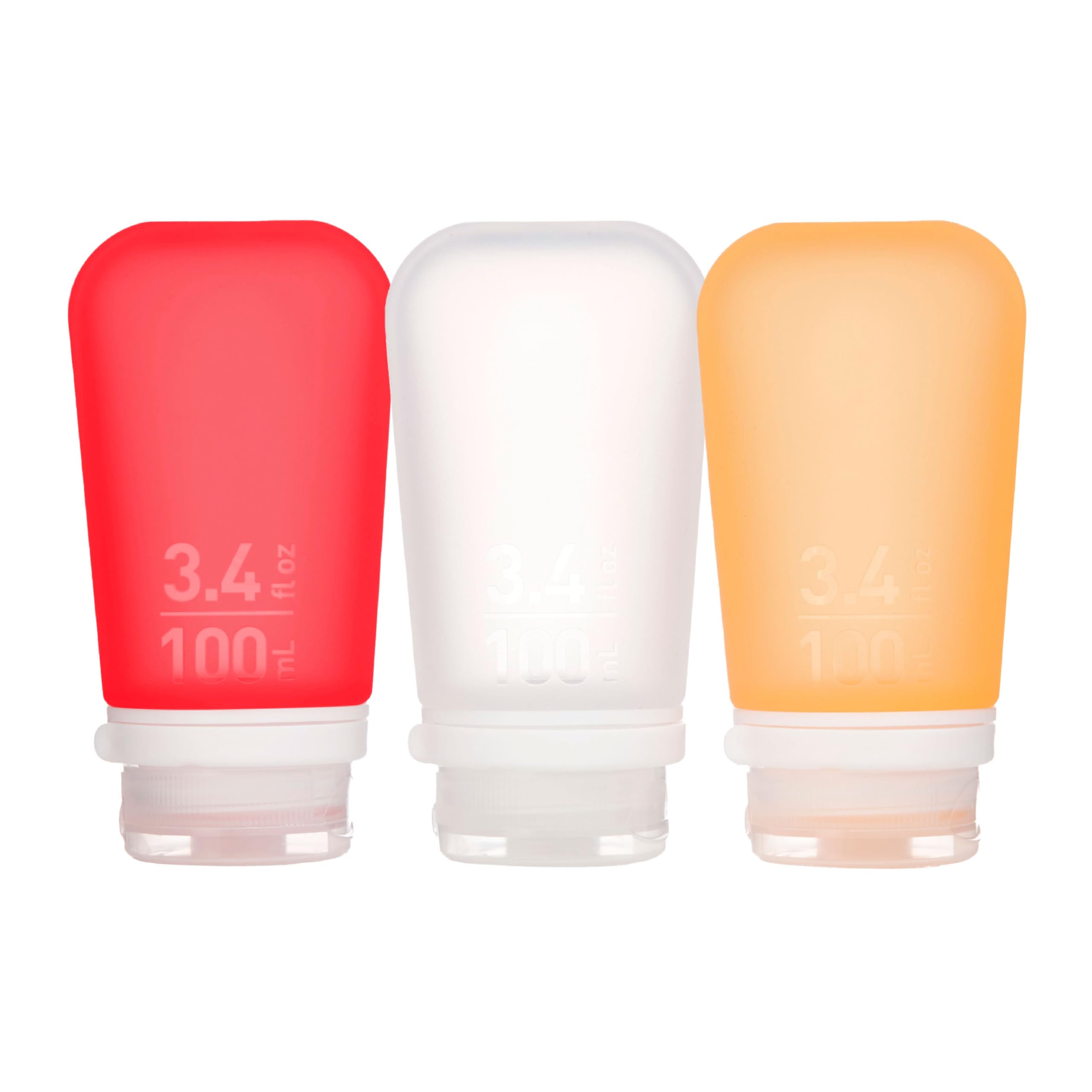 Humangear GoToob+ 3-Pack - 100ml Travel Bottle with Locking Cap - Clear/Red/Orange
