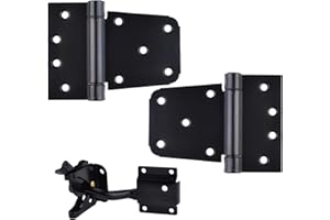 SANKINS Self-Closing Gate Hardware Kit,1 Pack Self-locking Gate Latch and 2 Pack 3.5inch Heavy Duty Adjustable Spring Gate Square Barn Hinges,Black Finish Gate Hardware Set for Wood Vinyl Fence Gate Shed Door