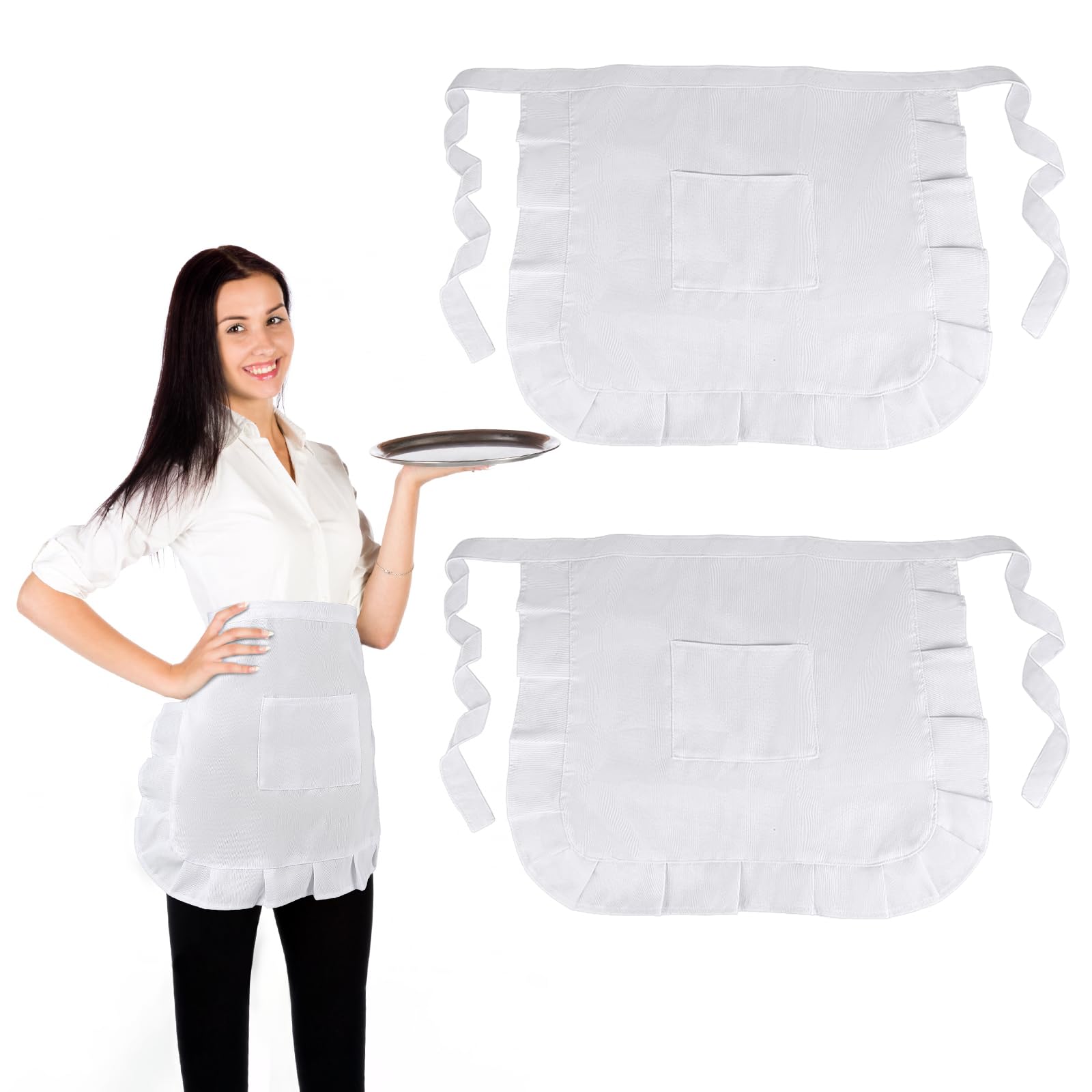 Pack of 2 White Waist Apron, Adjustable Small Half Apron with 1 Pocket, Ruffle Waist Apron, Cooking Apron Suitable for Girls, Women, Chefs and Waiters for Cooking, Cleaning, Painting, White, 52