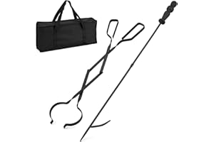 ZBXFCSH Heavy Duty 32 inch Long Campfire Bonfire Poker Stick 25 Inch Fireplace Tong with Travel Bag, Fire Pit Wood Stove Accessories Tools Log Grabber, Rust Resistant, Black Finish for Indoor and Outdoor use
