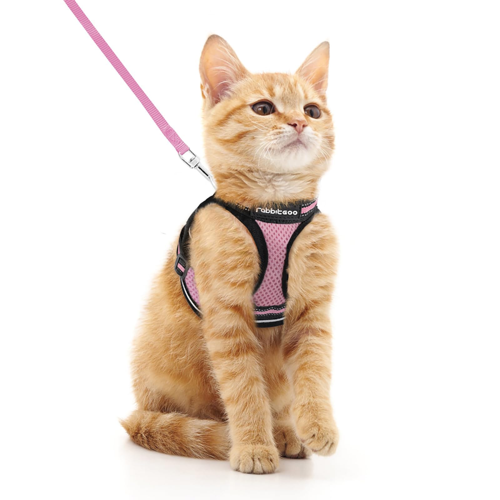 rabbitgoo Cat Harness and Leash Set for Walking Escape Proof, Adjustable Soft Kittens Vest with Reflective Strip for Extra Small Cats, Comfortable Choke-Proof Outdoor Vest Harness, Pink, M