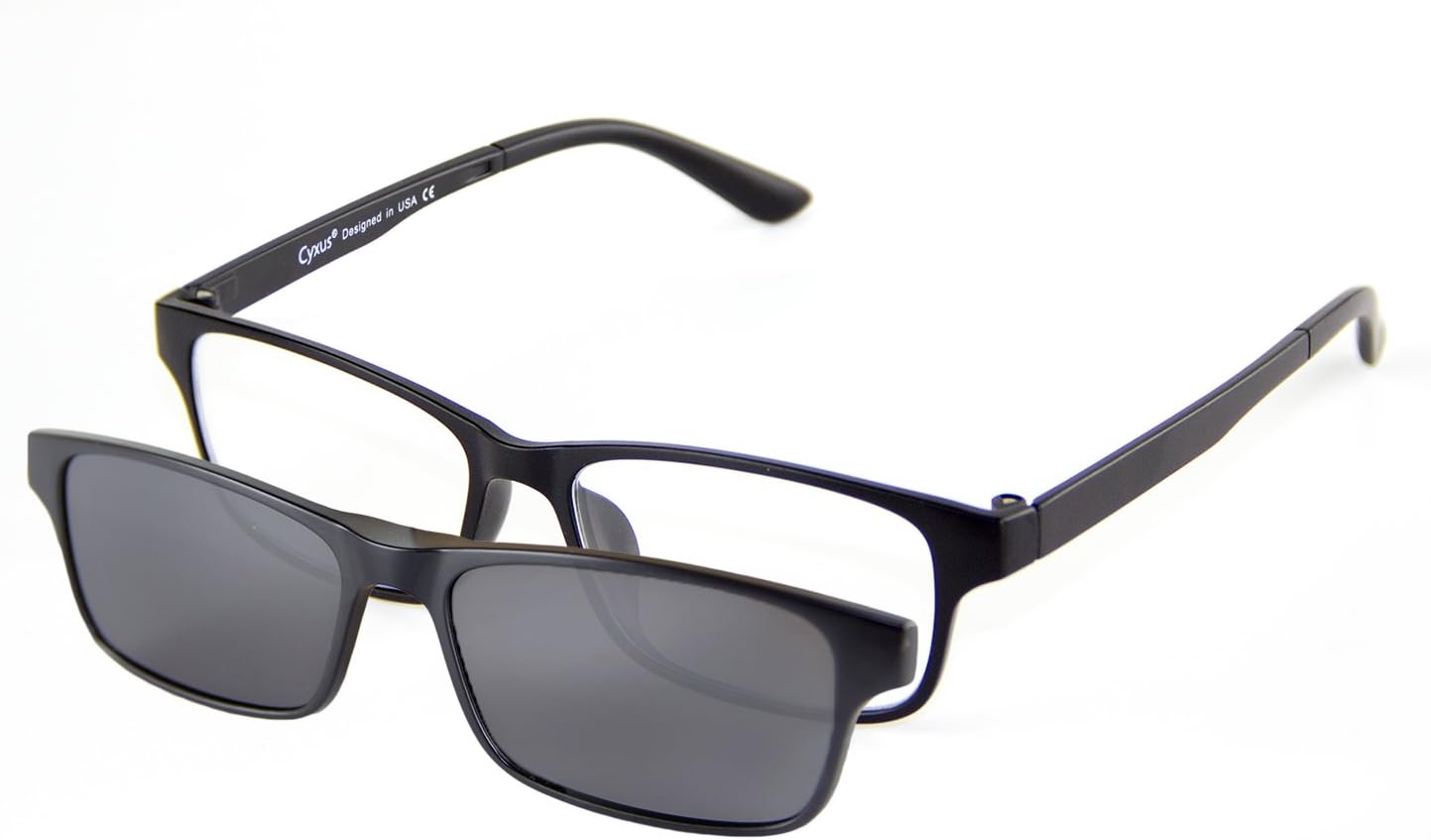 Cyxus [Two in One Set] Blue Light Blocking Glasses with Clip On Polarized Sunglasses, Lightweight Rectangular Frame Men/Women (Black Flash)