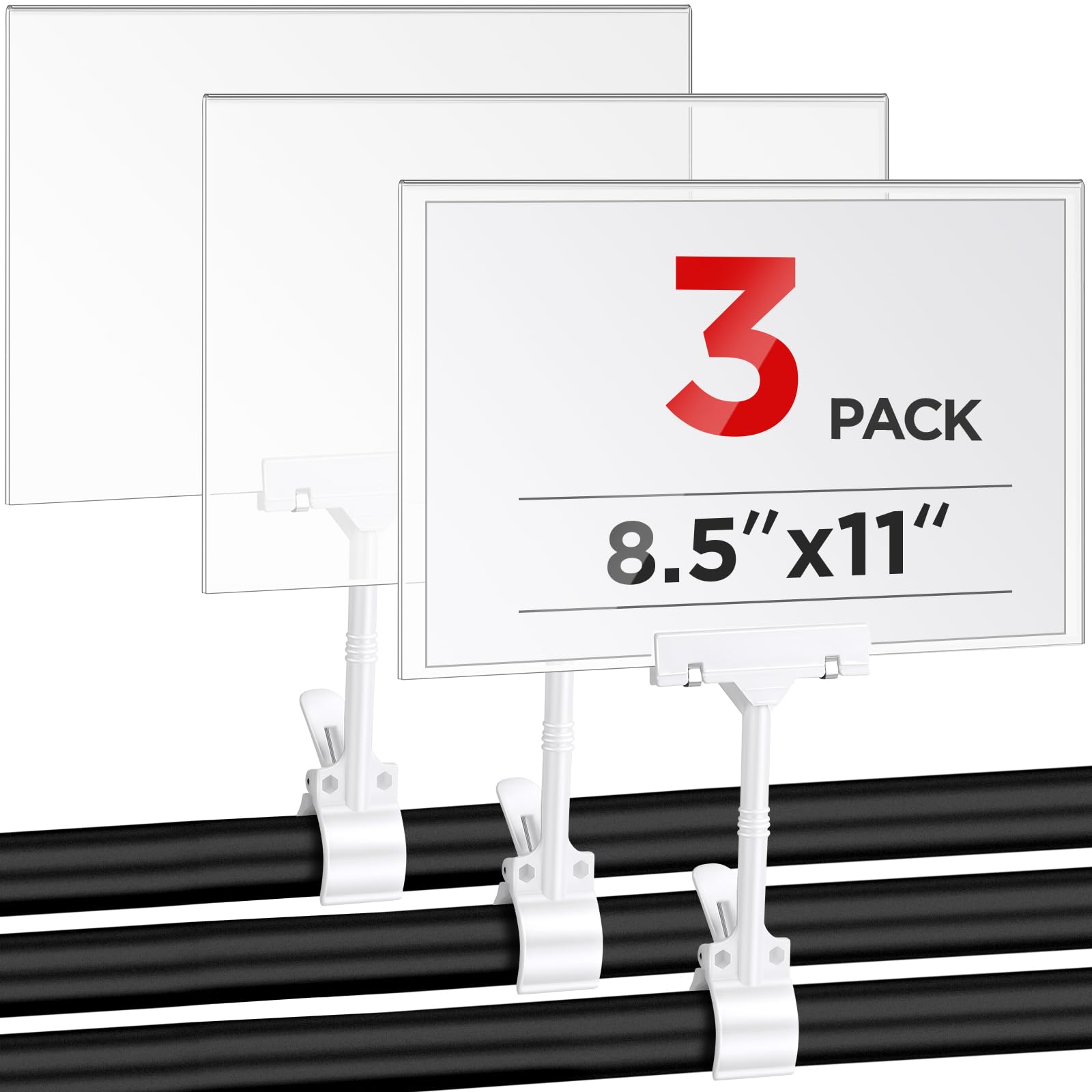 Photo 1 of Humyoun 3 Pcs Acrylic Clip on Sign Holder with Clamp 8.5 x 11 Inch Retail Store Signs Displays Double Sides Swivel Signage with PVC Card Clothing Price Hanging Signage for Supermarket Business