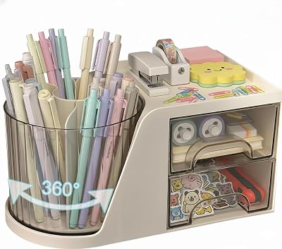 Drehbarer Schreibtischorganisator, Schreibtisch Organizer kinder mit 2 Schublade, 360 Grad stifteköcher für Büro, schulsachen, skincare, schulsachen und Kunstbedarf (Sahne)