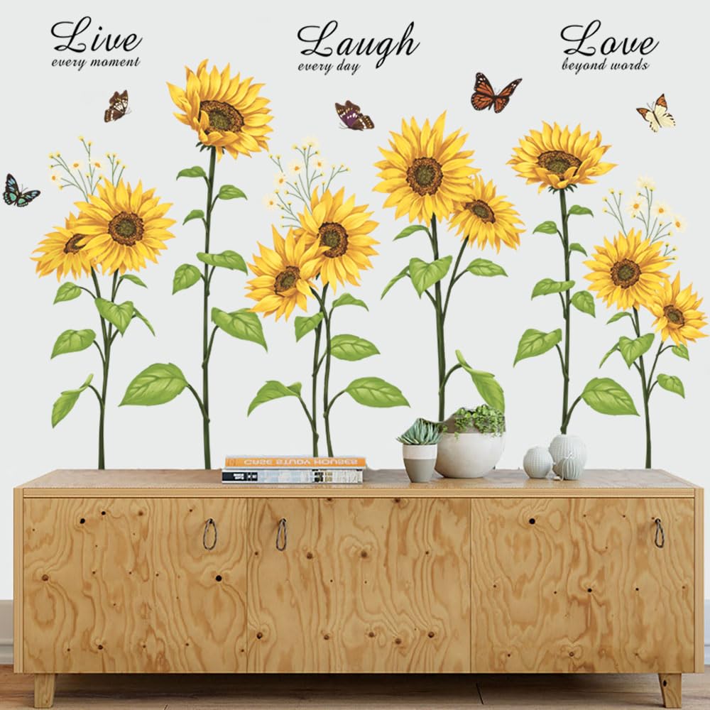 Runtoo Sunflower Butterfly Wall Art Stickers Flower Live Laugh Love Quotes Wall Decals Kids Bedroom Living Room Nursery Wall Decor — image 1