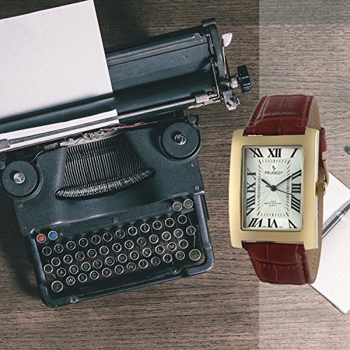 Peugeot Men's Vintage Rectangular 14K Gold Plated Brown Leather Strap Watch