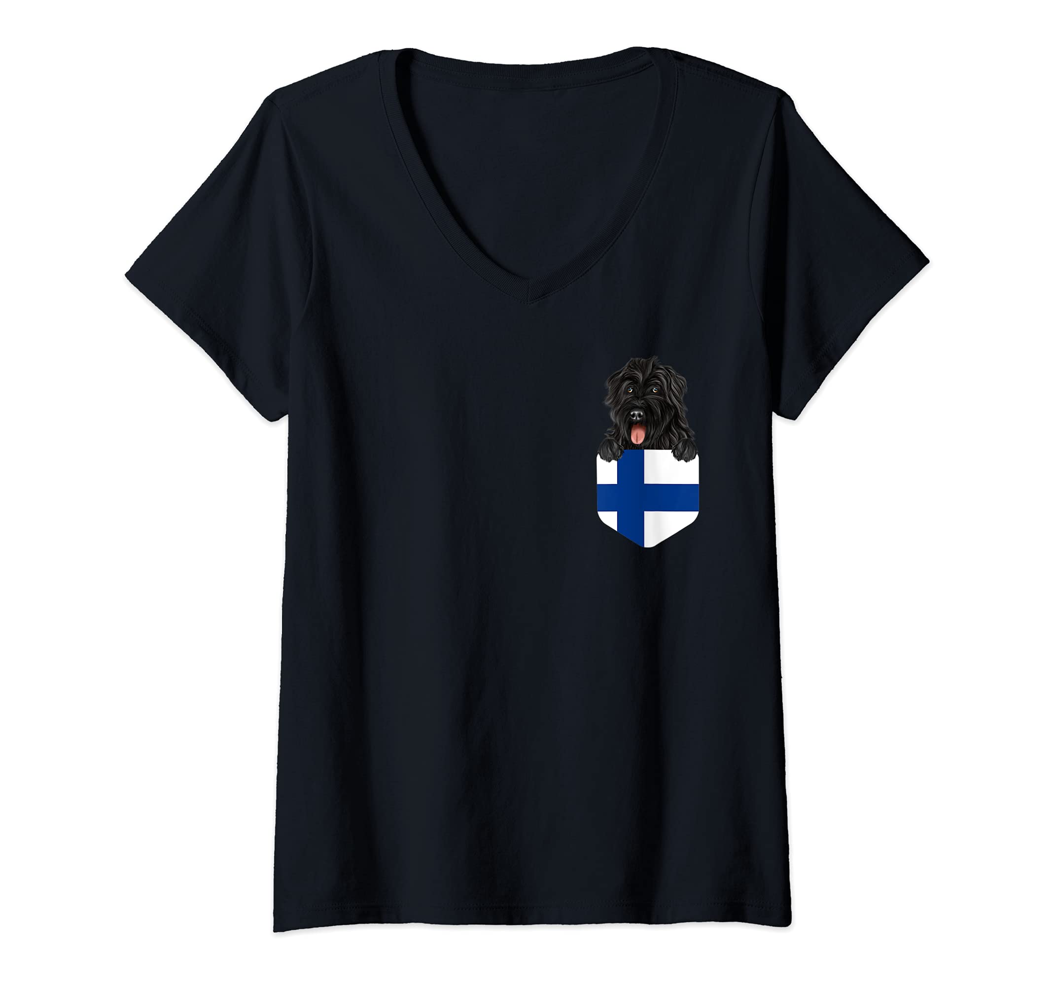 Womens Finland Flag Bouvier des Flandres Dog In Pocket V-Neck T-Shirt