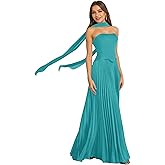 aseting Strapless Satin Bridesmaid Dresses for Women A-Line Ruched Backless Corset Long Wedding Guest Dress with Scarf