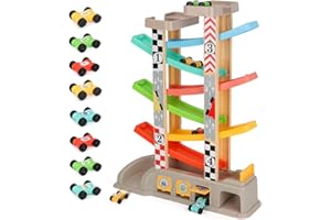 Aomola Montessori Toys for 3 4 5 Year Old Boys Toddlers, Car Ramp Toys with 8 Mini Cars, Parking Lot & Gas Station, Ramp Racer Toy Gift for Boys Girls Age 3-5