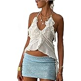 Women Crop Halter Cami Top Irregular Ruffle Edge Deep V Neck Halter Cami Top Sexy Solid Color Backless Tank Shirt